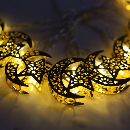 Glowing Golden Crescent Moon & Star LED String Lights (1.65 Meters)