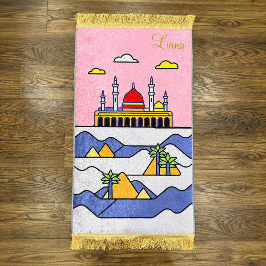 Personalized Girls Kids Muslim Prayer Rug - Pink Desert Design