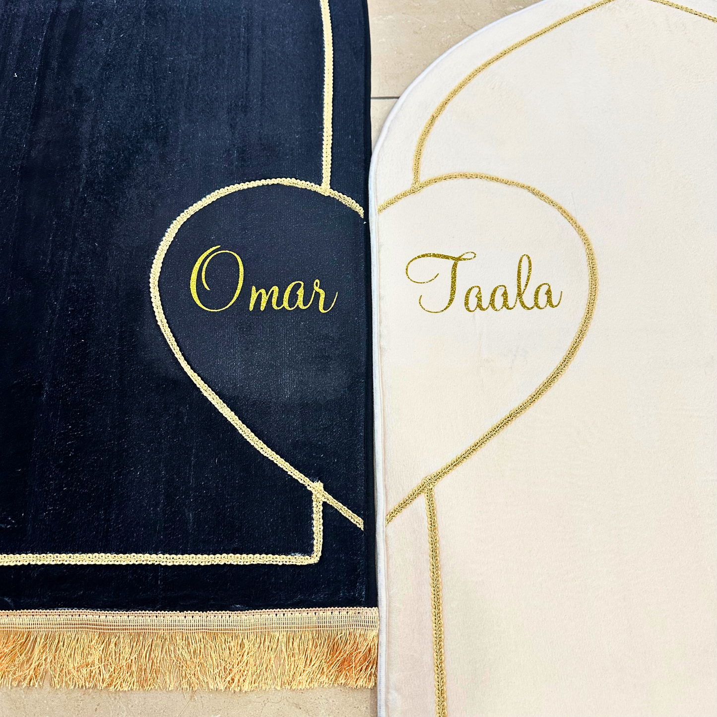 Personalized Couples Muslim Prayer Rugs Set of 2 (Thick Cushioning and Soft Material)