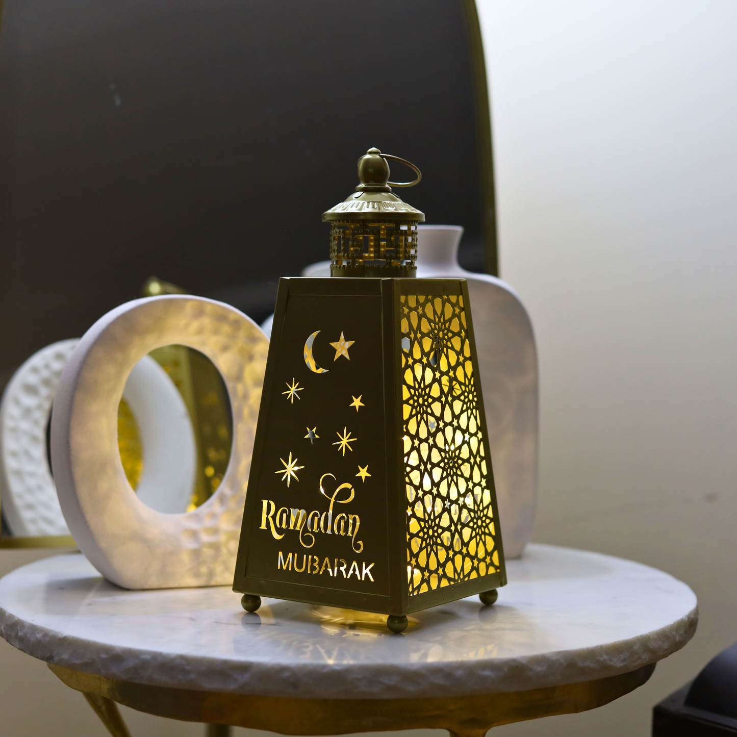 Stunning Tall Gold Metal Ramadan Mubarak Lantern with LED Lights – Crescent & Star Design
