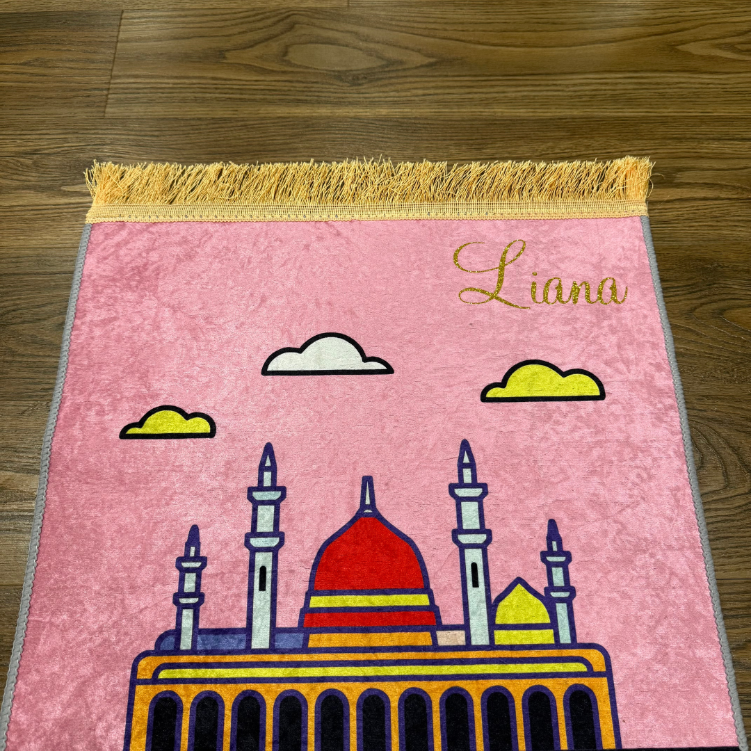 Personalized Girls Kids Muslim Prayer Rug - Pink Desert Design