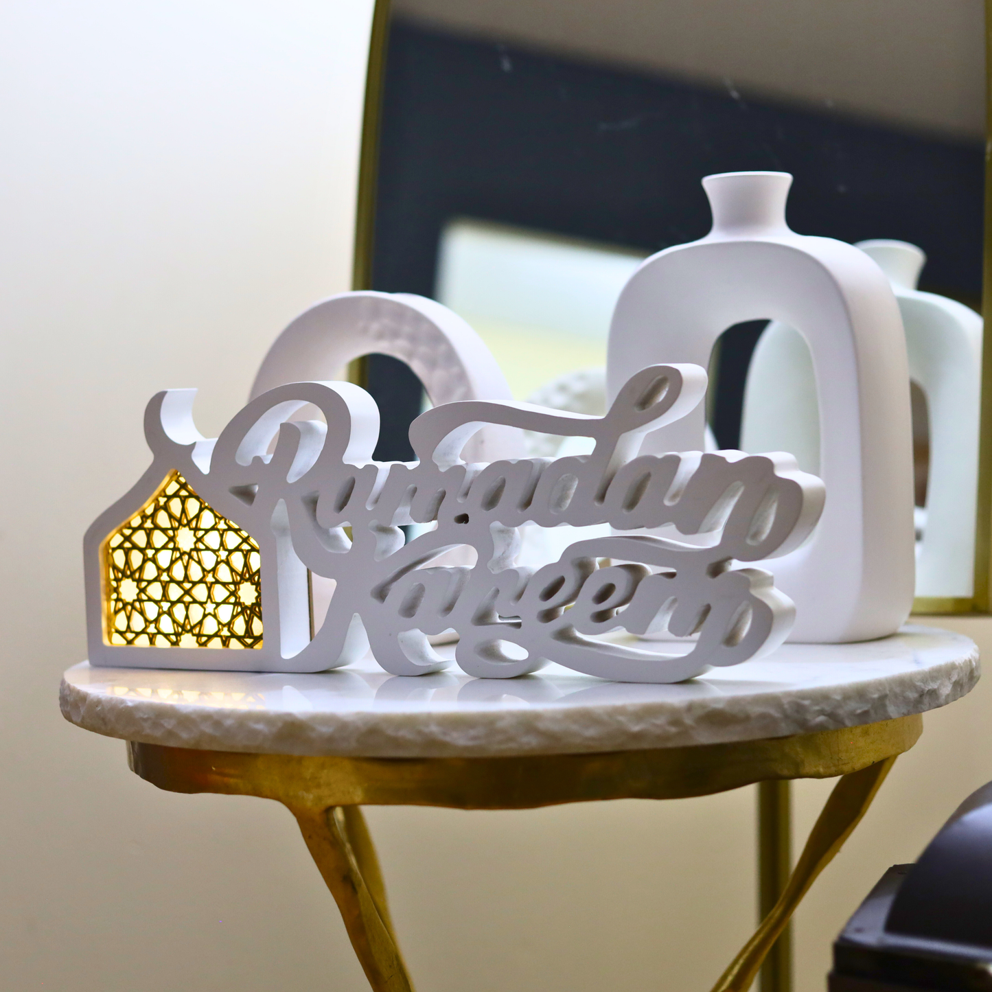 Joyful White Ramadan Kareem Table Piece – LED Crescent Moon Design