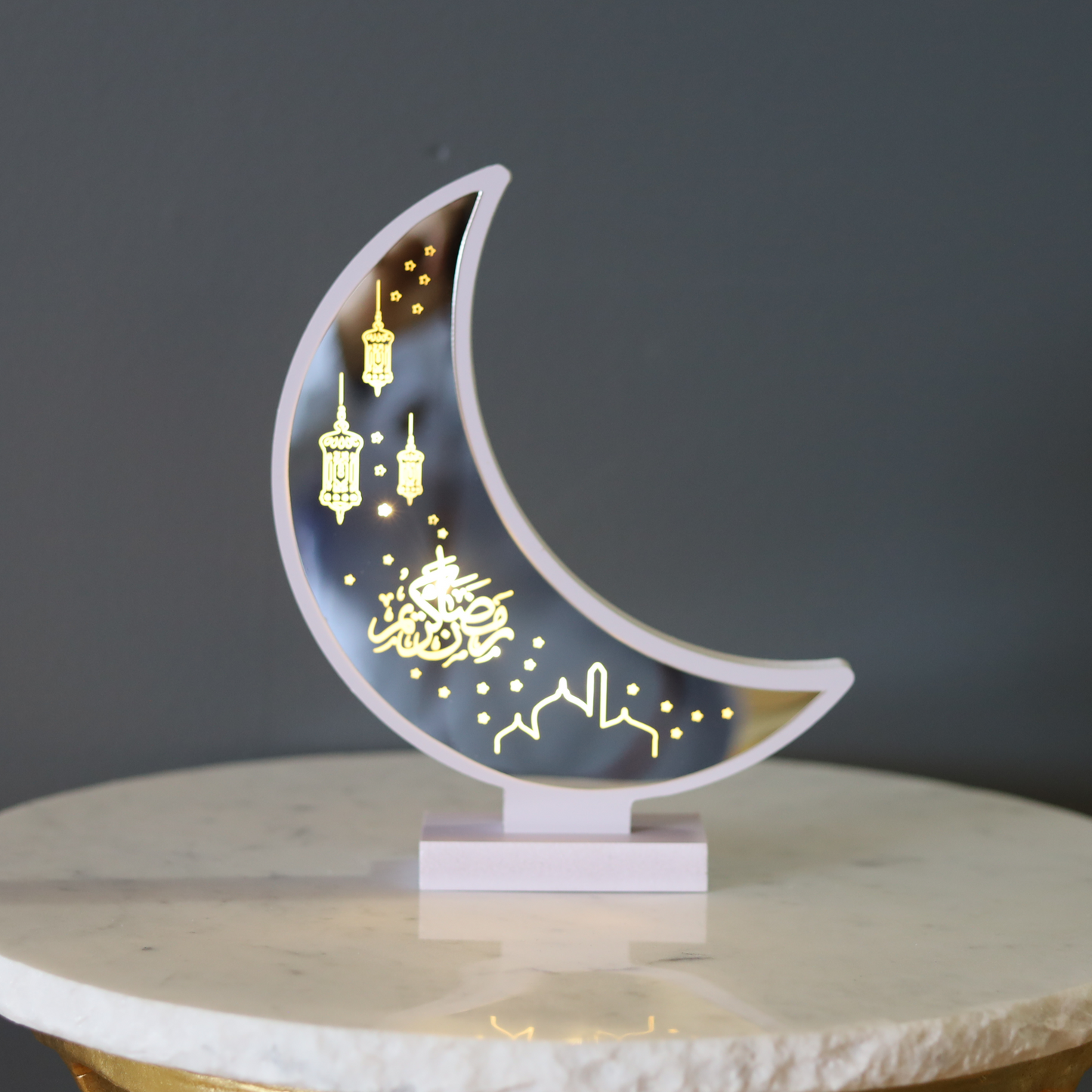 Illuminated White Crescent Moon Lantern With Engraved Glass