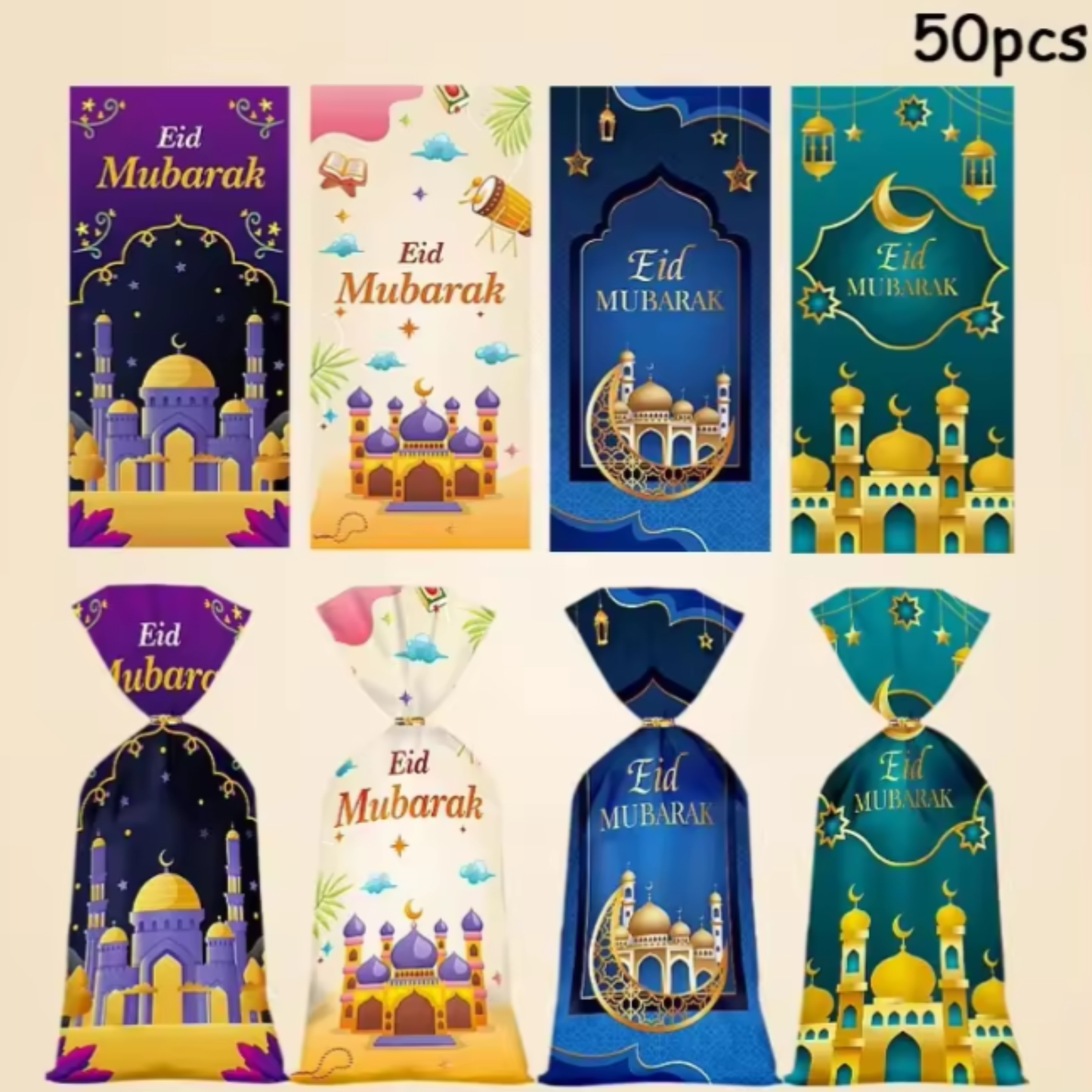 Eid Mubarak Sweet & Treat Bags – 50 Pieces with Assorted Designs