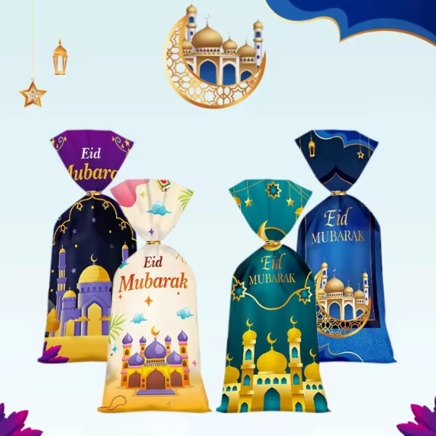 Eid Mubarak Sweet & Treat Bags – 50 Pieces with Assorted Designs