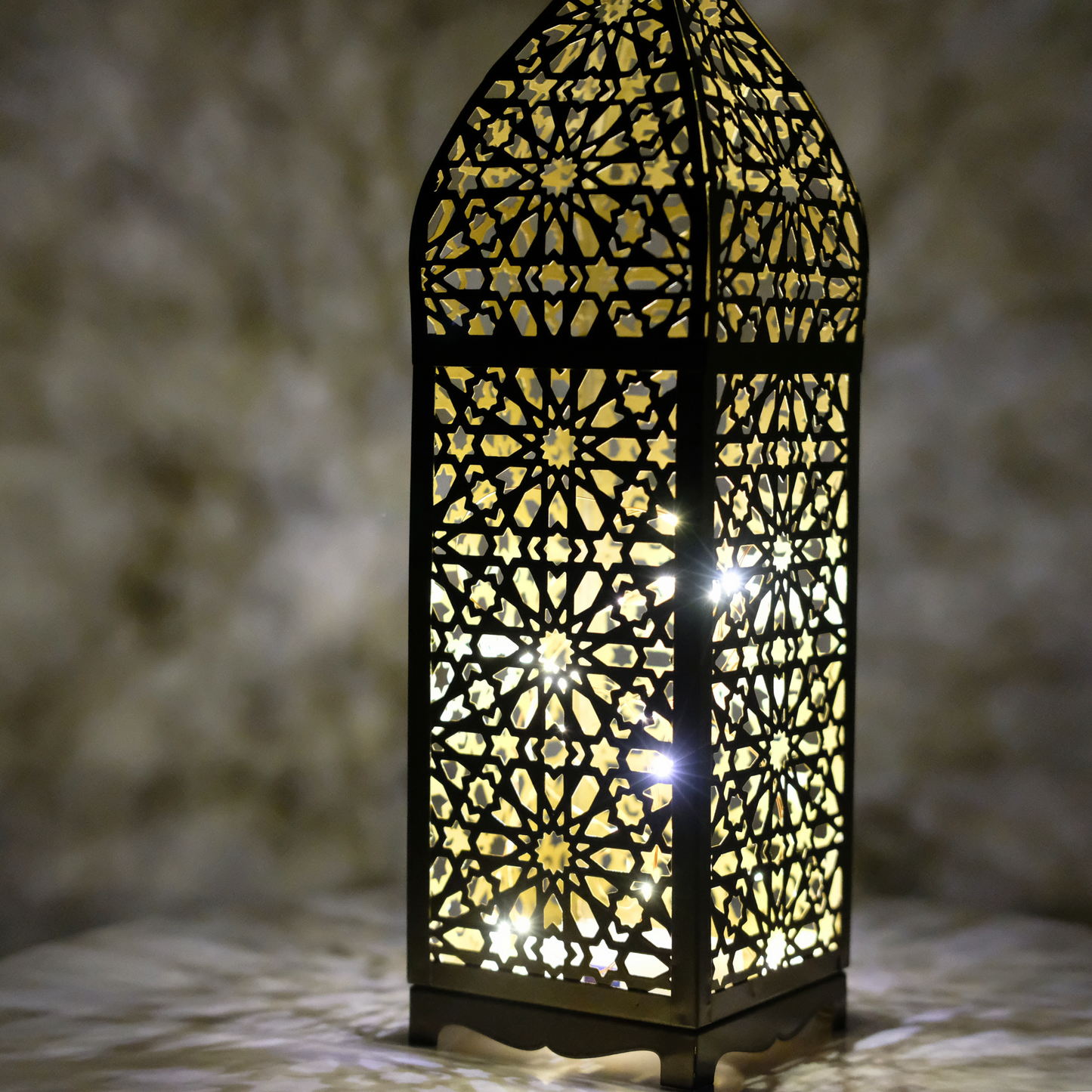 Stunning Gold Persian Pattern Metal Lantern with LED Lights