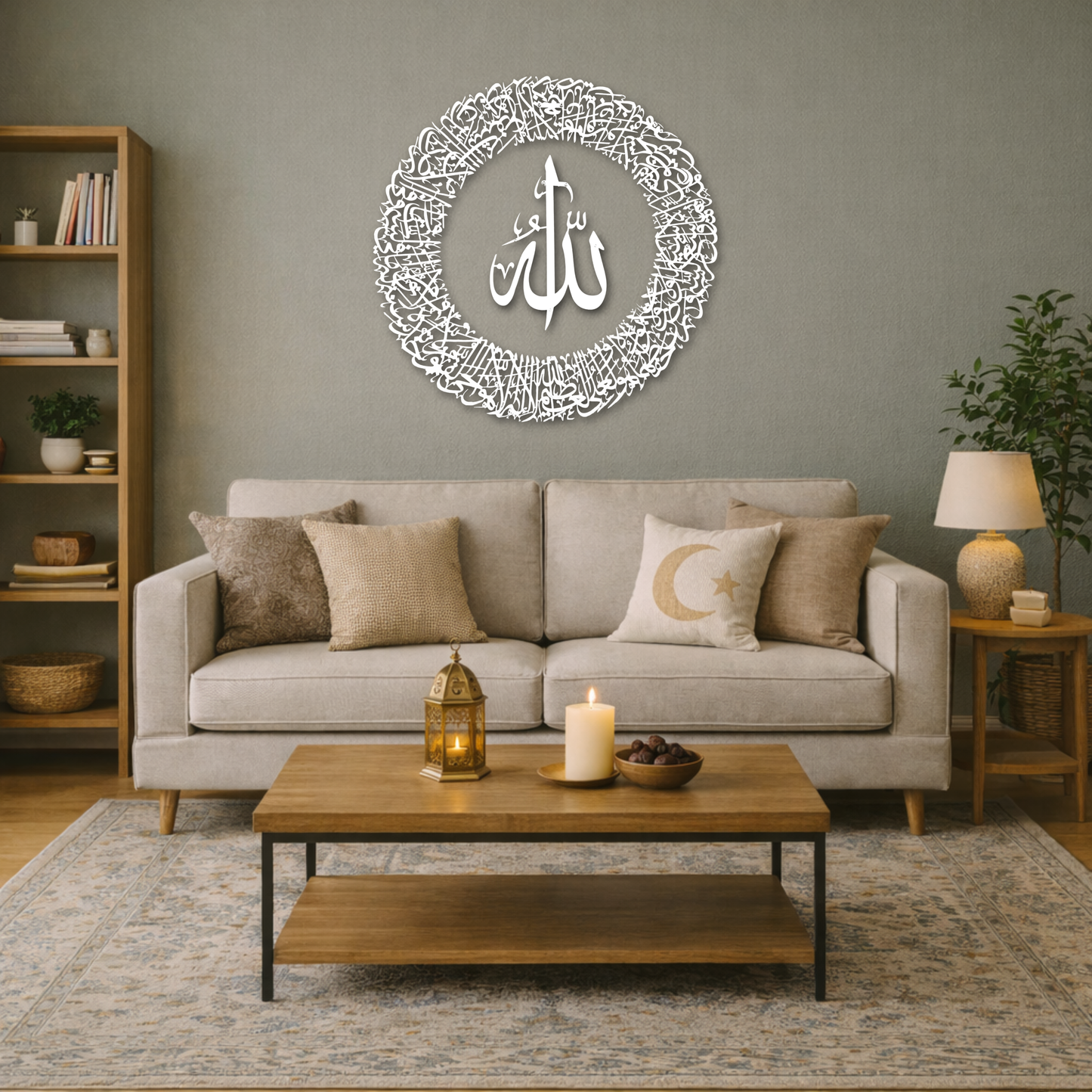 Ayatul Kursi Wall Art with Allah in the Center With Silver Mirror Finish (90 cm x 90 cm)