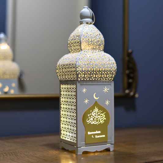 Stunning Tall White Ramadan Kareem Lantern with LED Lights – Elegant Islamic Cut Metal Design