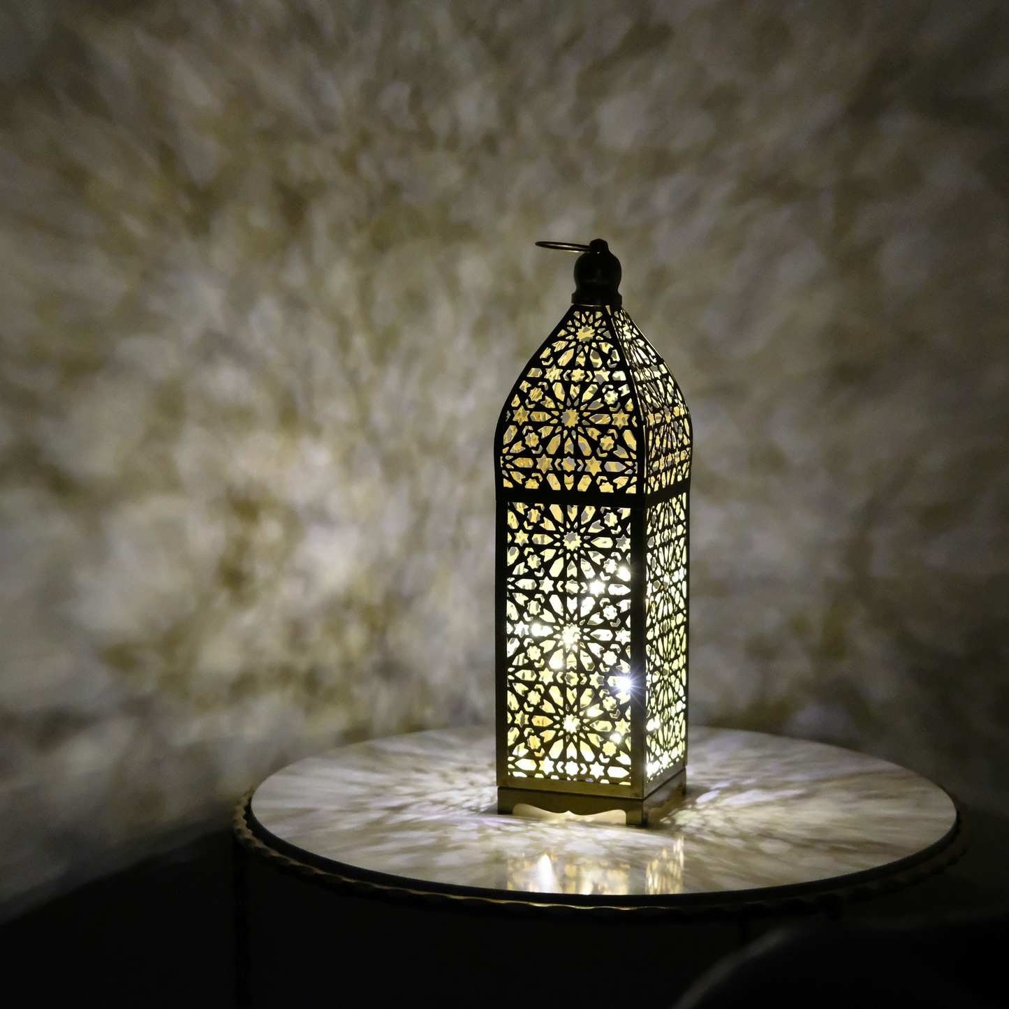 Stunning Gold Persian Pattern Metal Lantern with LED Lights