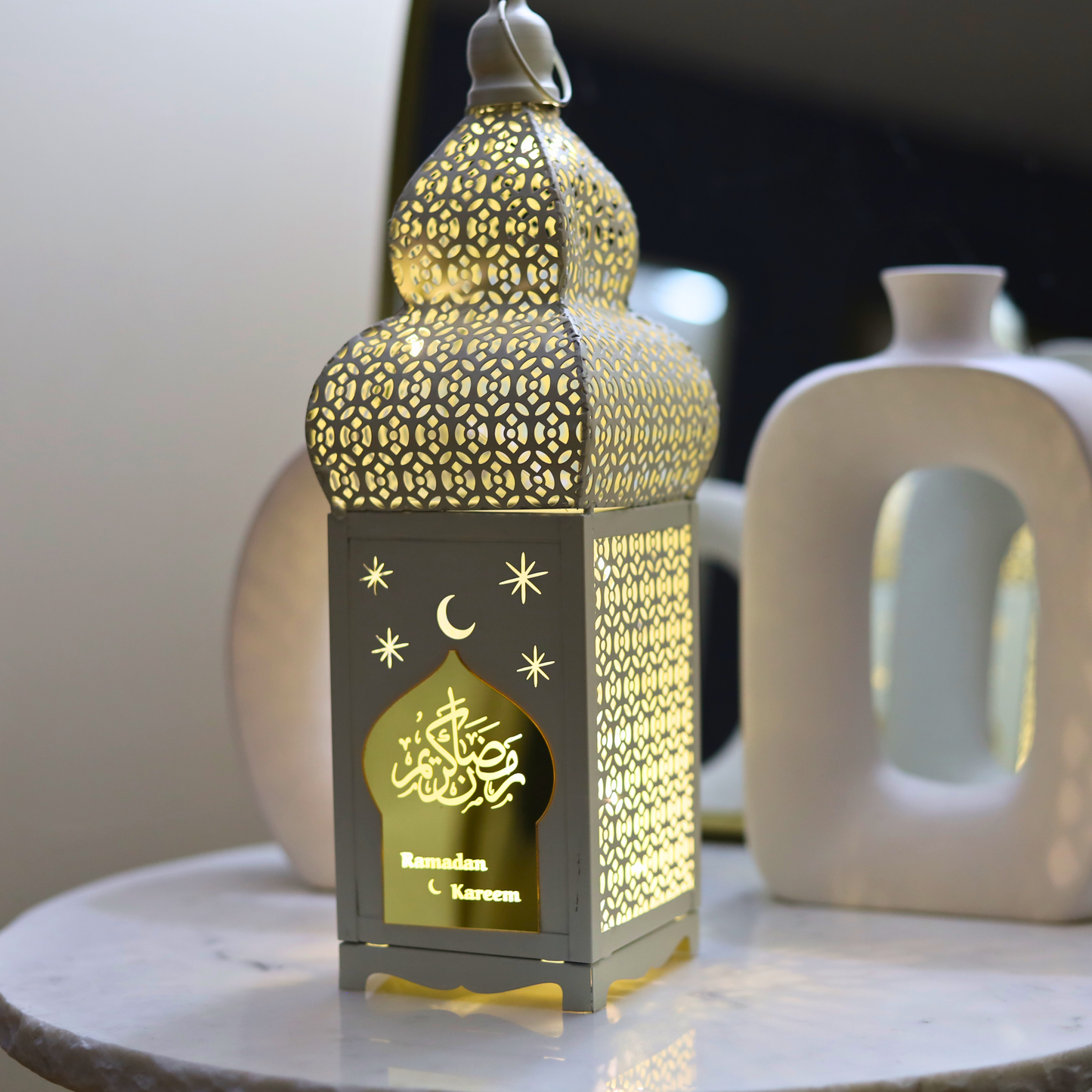 Stunning Tall White Ramadan Kareem Lantern with LED Lights – Elegant Islamic Cut Metal Design