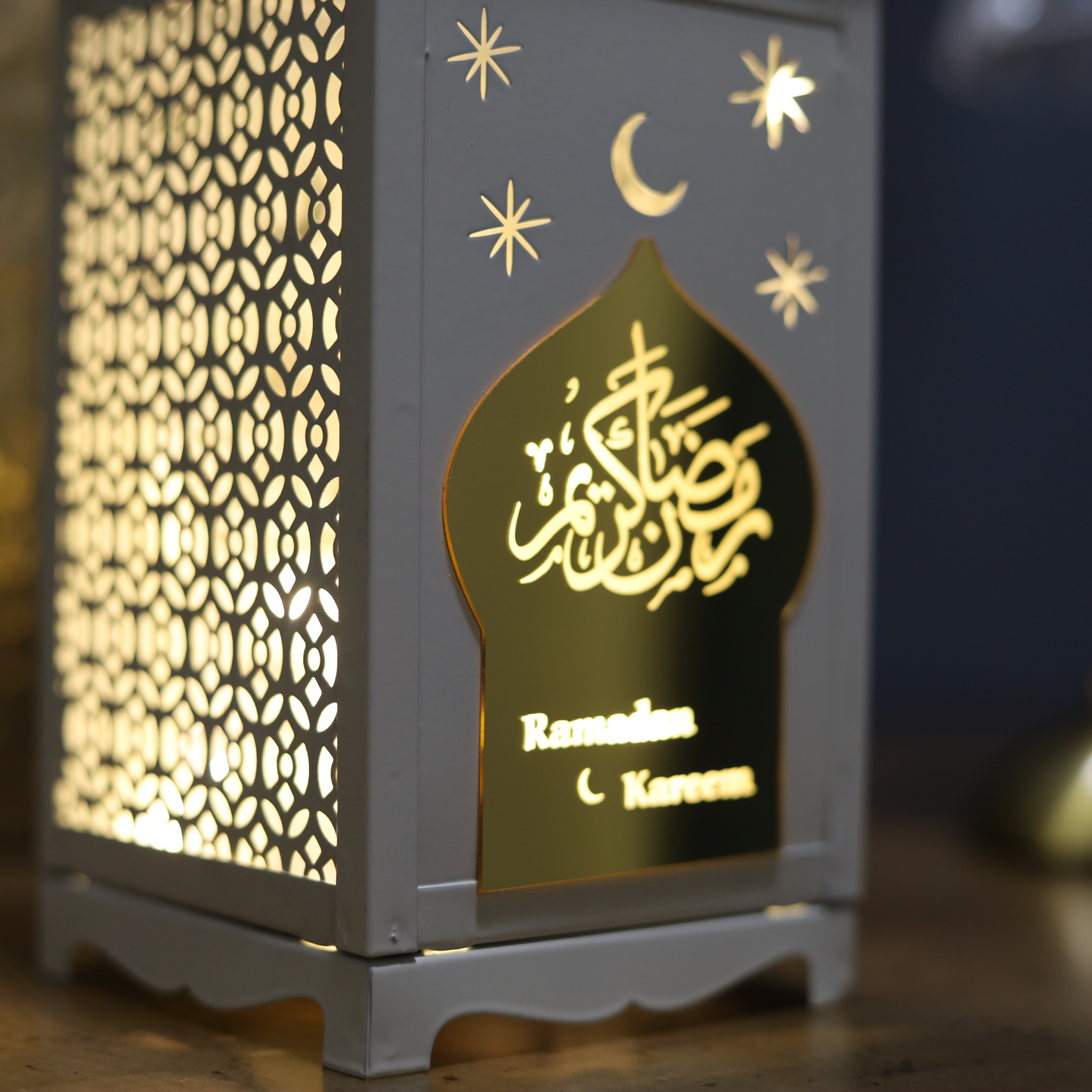 Stunning Tall White Ramadan Kareem Lantern with LED Lights – Elegant Islamic Cut Metal Design