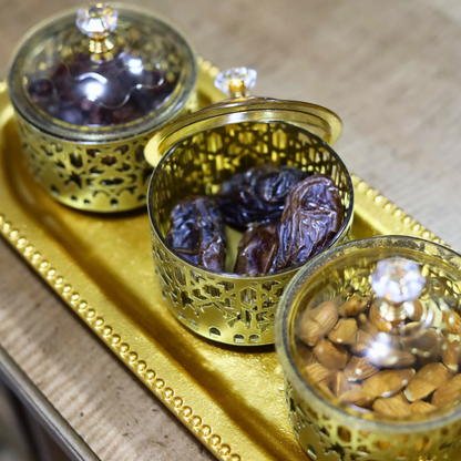 Luxury Gold Ramadan Date Holder Set – Ornate Metal Food Containers with Tray