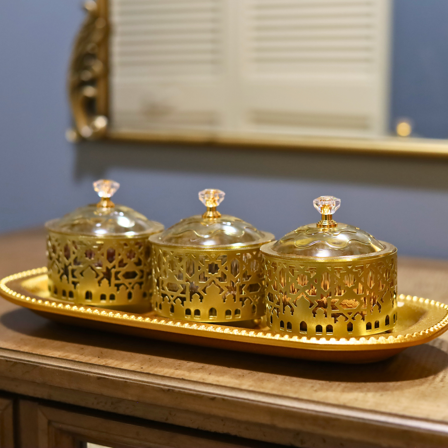 Luxury Gold Ramadan Date Holder Set – Ornate Metal Food Containers with Tray