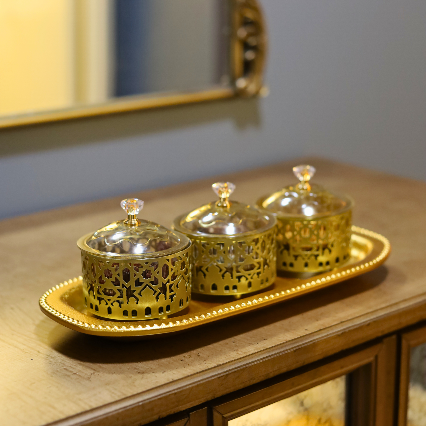Luxury Gold Ramadan Date Holder Set – Ornate Metal Food Containers with Tray