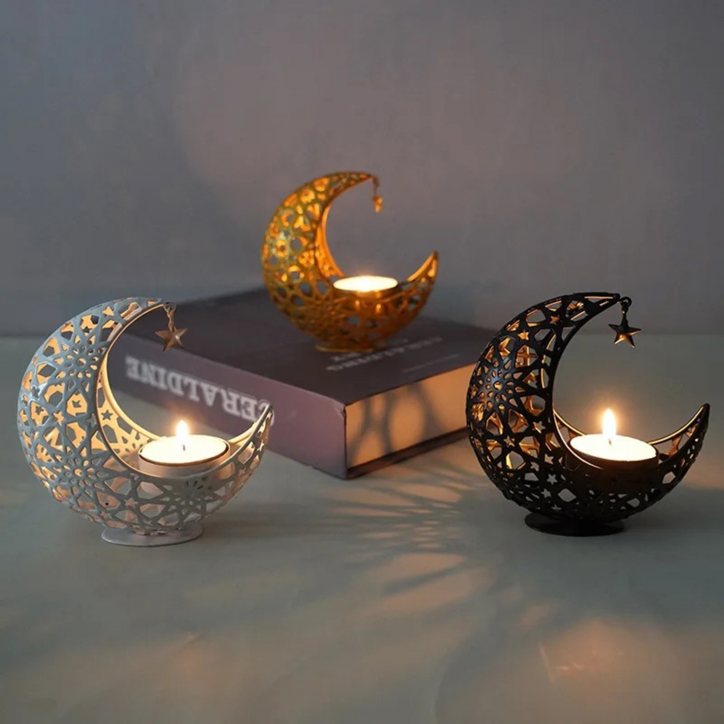 Elegant Metal Crescent Moon Candle Holder Set (White, Black & Gold)