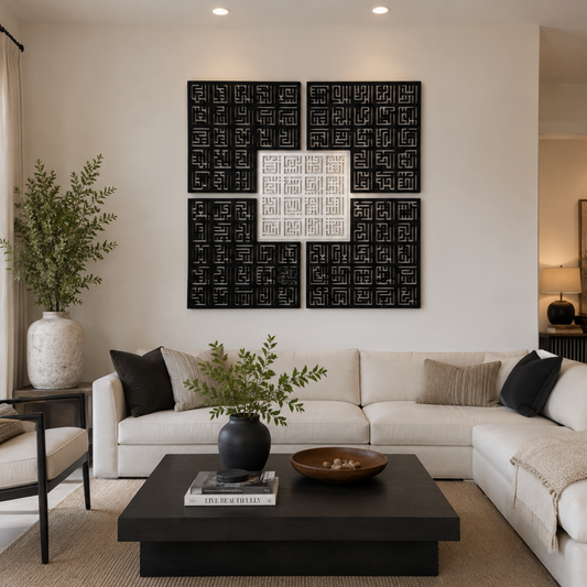 Stunning 99 Names of Allah Set of 5 Calligraphy Wall Piece With Silver & Black Mirror Finish (120 cm x 120 cm)