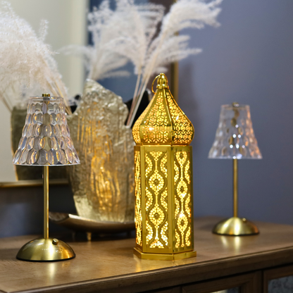 Stunning Tall Gold Ramadan Lantern with LED Lights – Elegant Moroccan Cut Metal Design