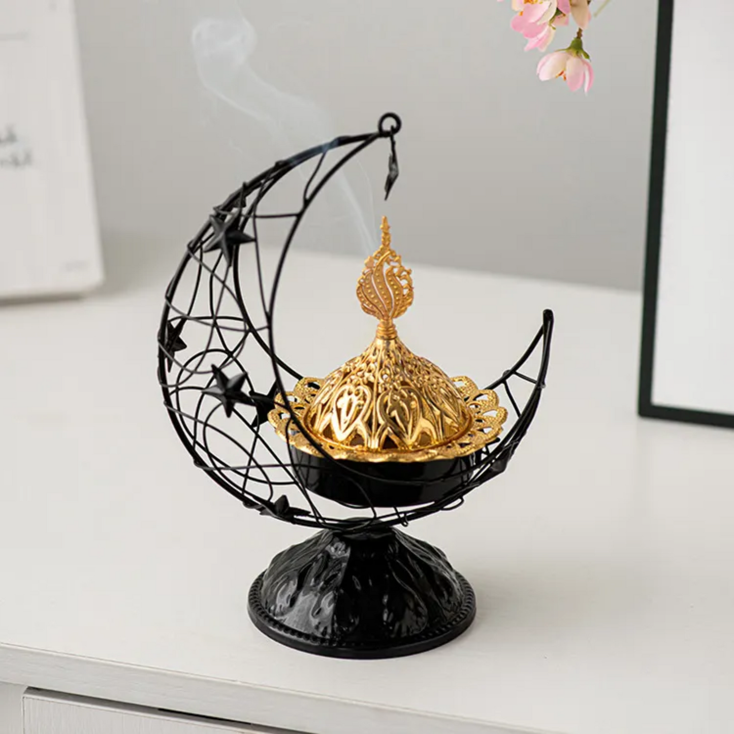 Elegant Moon-Shaped Metal Black Incense Burner