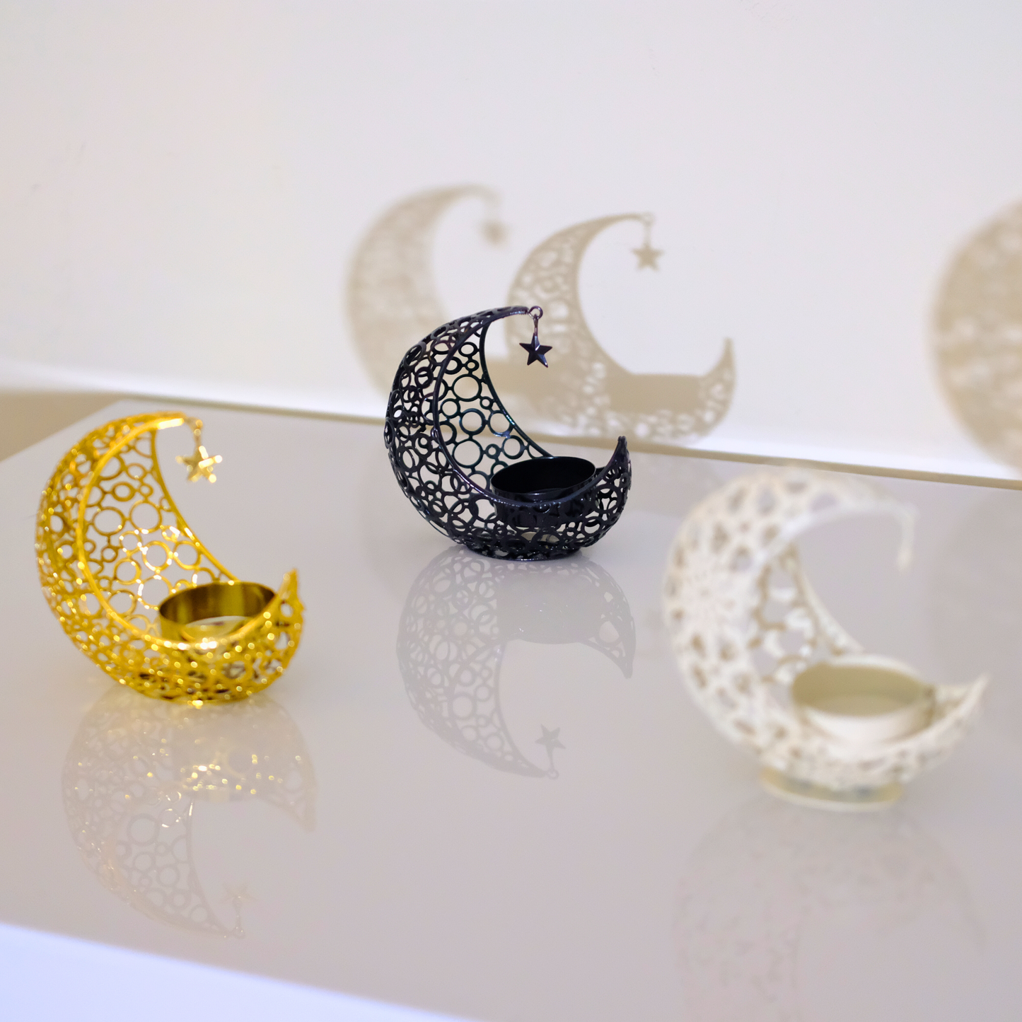 Elegant Metal Crescent Moon Candle Holder Set (White, Black & Gold)