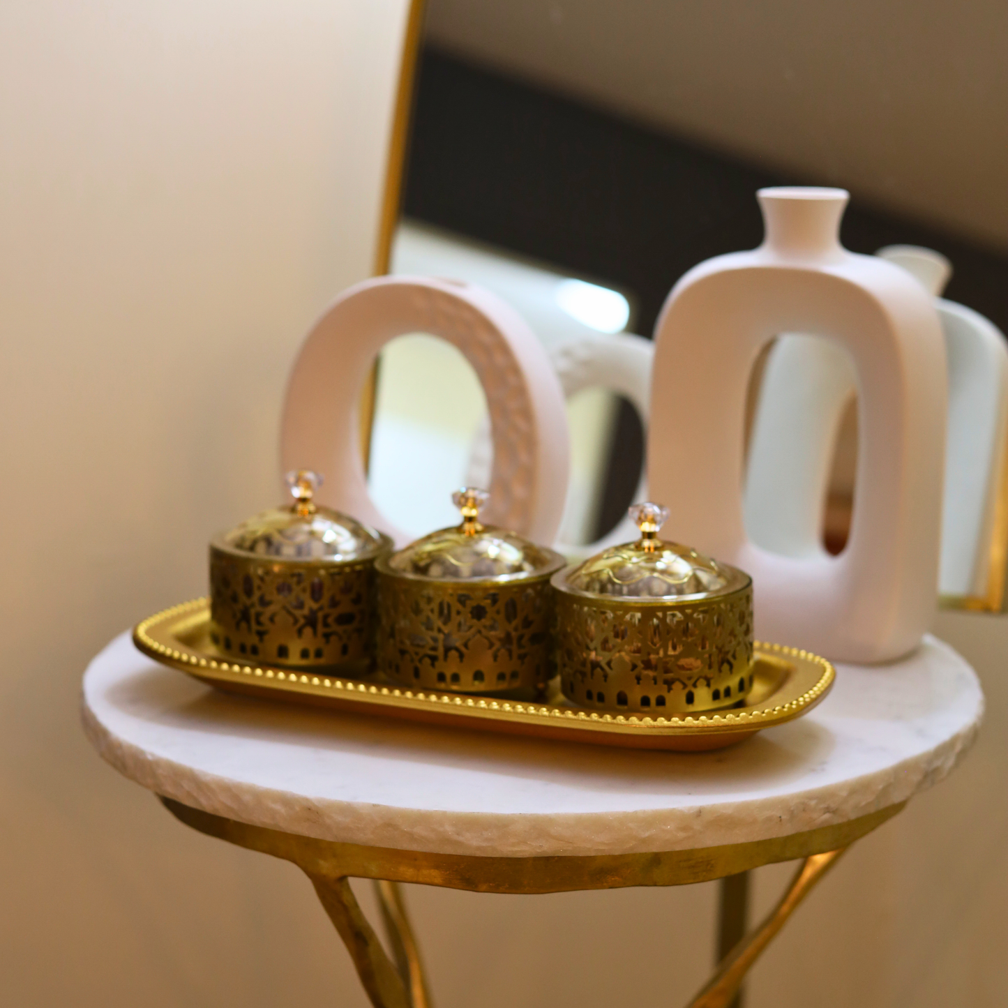 Luxury Gold Ramadan Date Holder Set – Ornate Metal Food Containers with Tray