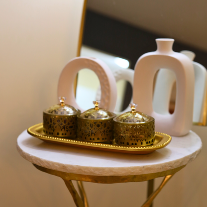 Luxury Gold Ramadan Date Holder Set – Ornate Metal Food Containers with Tray