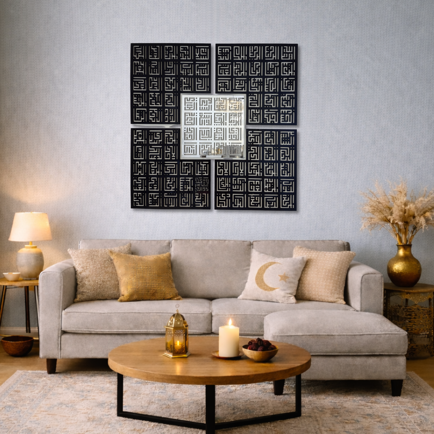 99 Names of Allah Set of 5 Calligraphy Wall Piece With Silver & Black Mirror Finish (120 cm x 120 cm)
