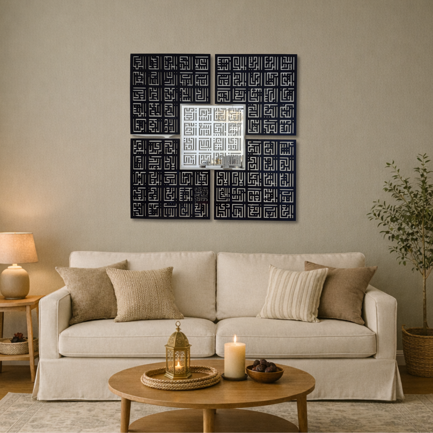 99 Names of Allah Set of 5 Calligraphy Wall Piece With Silver & Black Mirror Finish (120 cm x 120 cm)