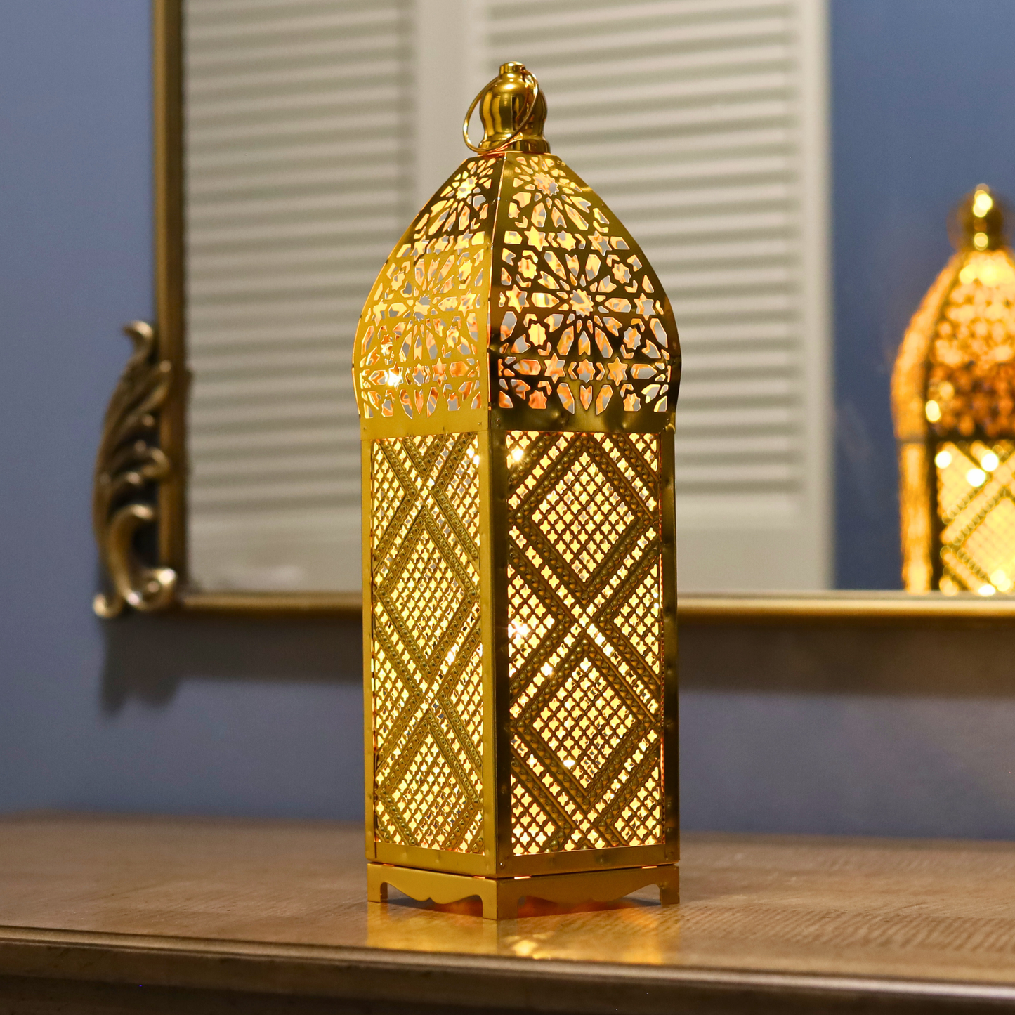 Stunning Tall Gold Metal Ramadan Lantern with LED Lights – Elegant Moroccan Cut Design