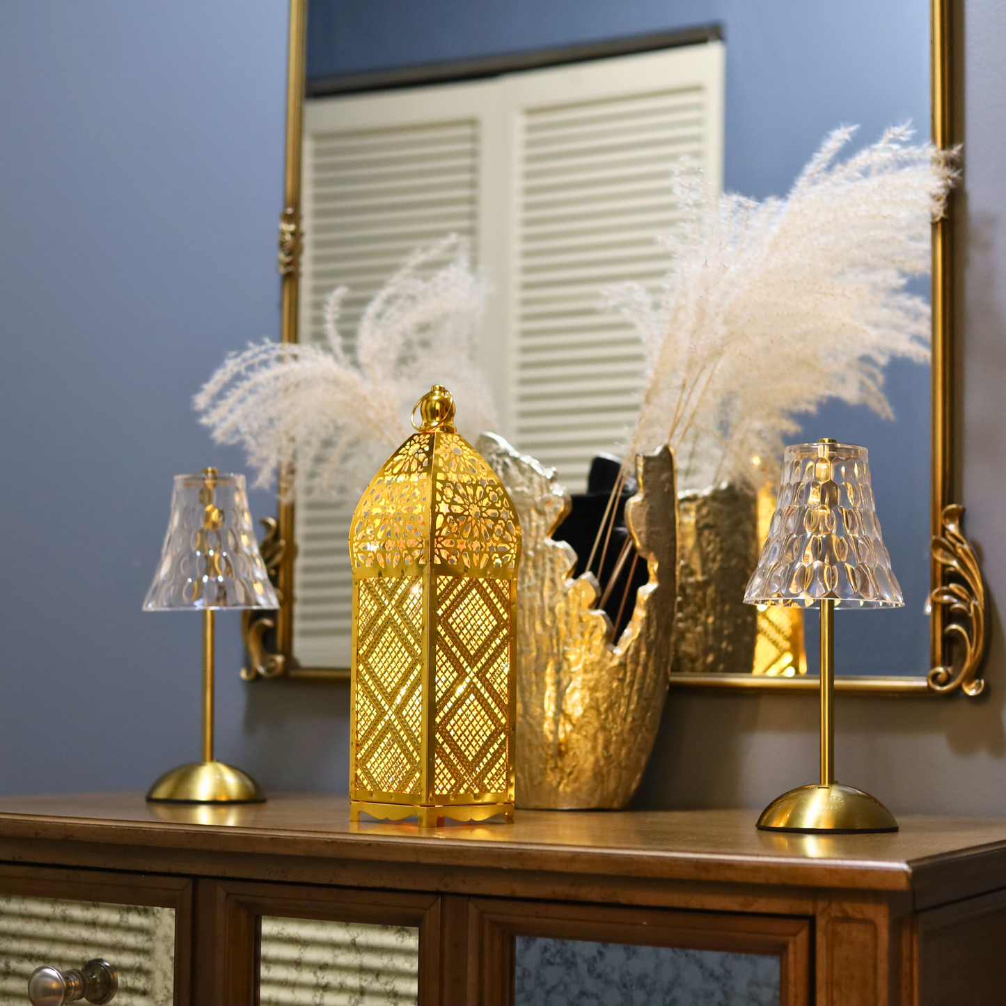 Stunning Tall Gold Metal Ramadan Lantern with LED Lights – Elegant Moroccan Cut Design