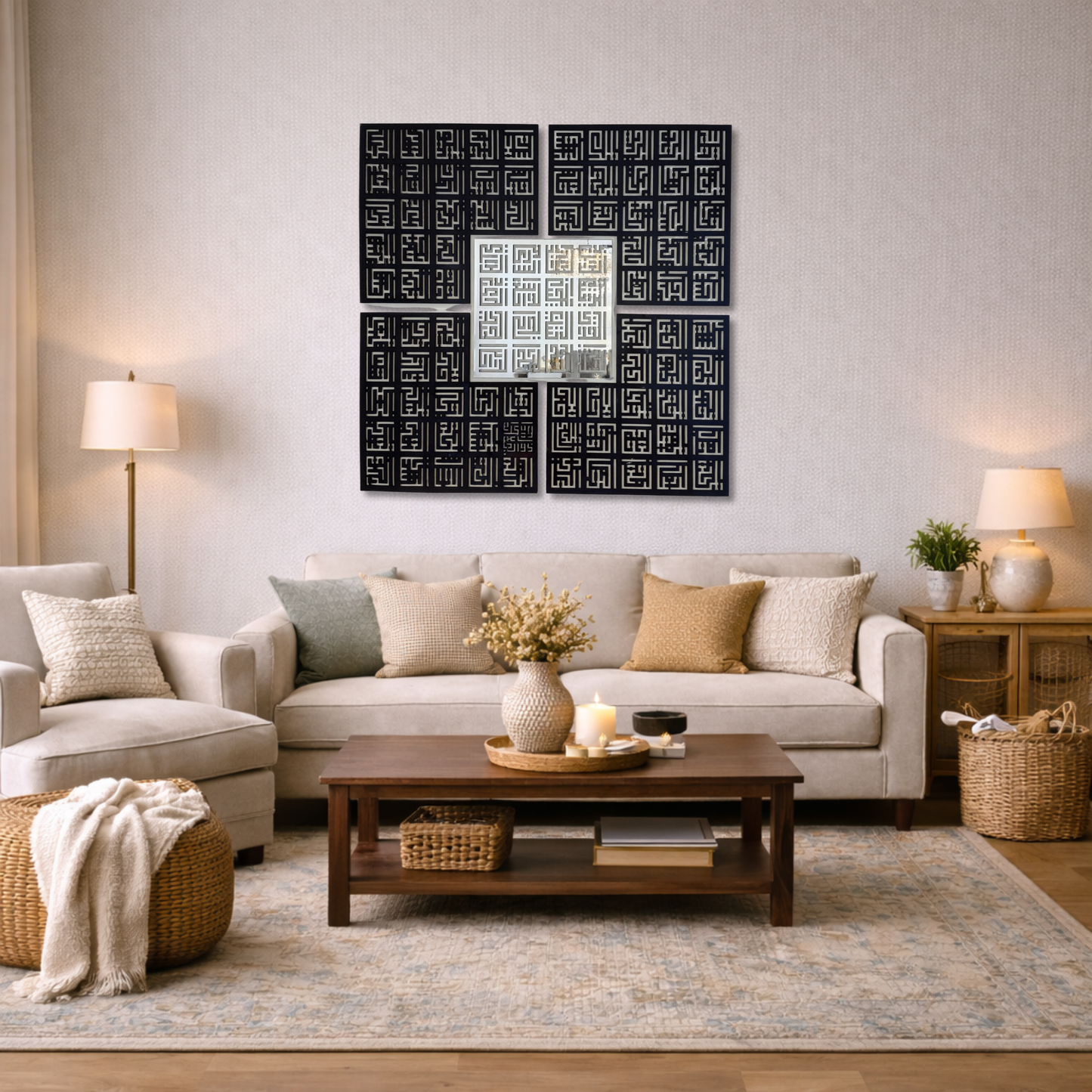 99 Names of Allah Set of 5 Calligraphy Wall Piece With Silver & Black Mirror Finish (120 cm x 120 cm)