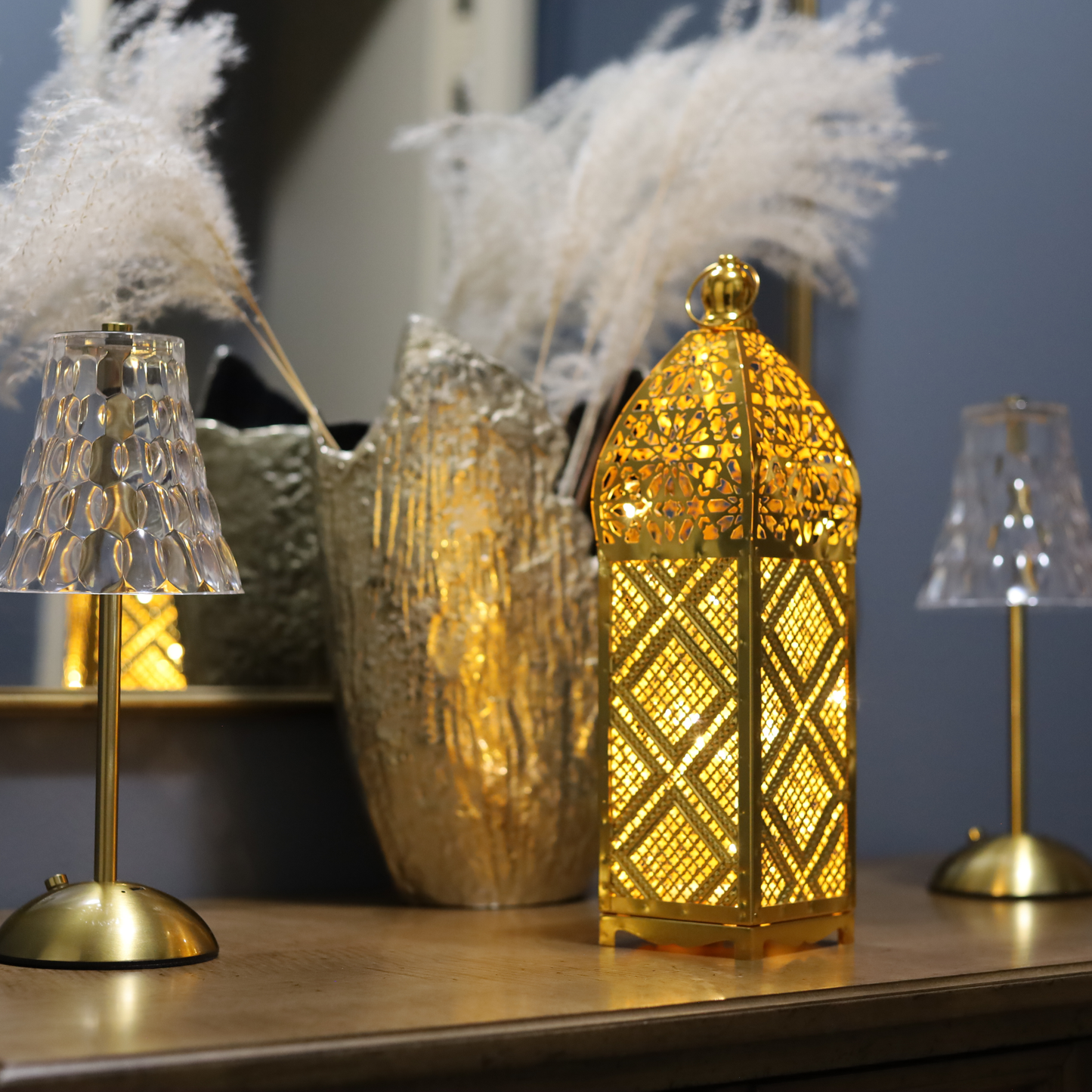 Stunning Tall Gold Metal Ramadan Lantern with LED Lights – Elegant Moroccan Cut Design