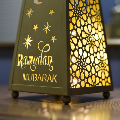 Stunning Tall Gold Metal Ramadan Mubarak Lantern with LED Lights – Crescent & Star Design