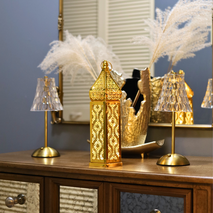 Stunning Tall Gold Ramadan Lantern with LED Lights – Elegant Moroccan Cut Metal Design