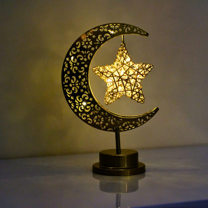 Stunning Gold Crescent Moon & Star LED Metal Lamp