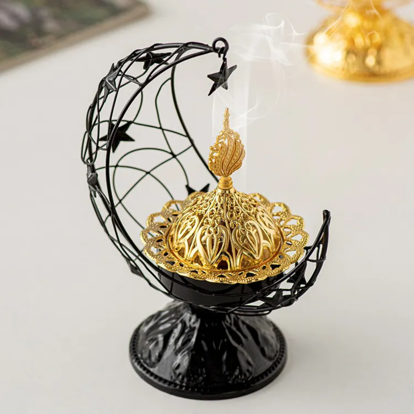 Elegant Moon-Shaped Metal Black Incense Burner