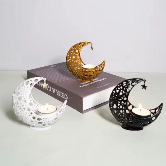 Elegant Metal Crescent Moon Candle Holder Set (White, Black & Gold)