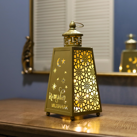 Stunning Tall Gold Metal Ramadan Mubarak Lantern with LED Lights – Crescent & Star Design