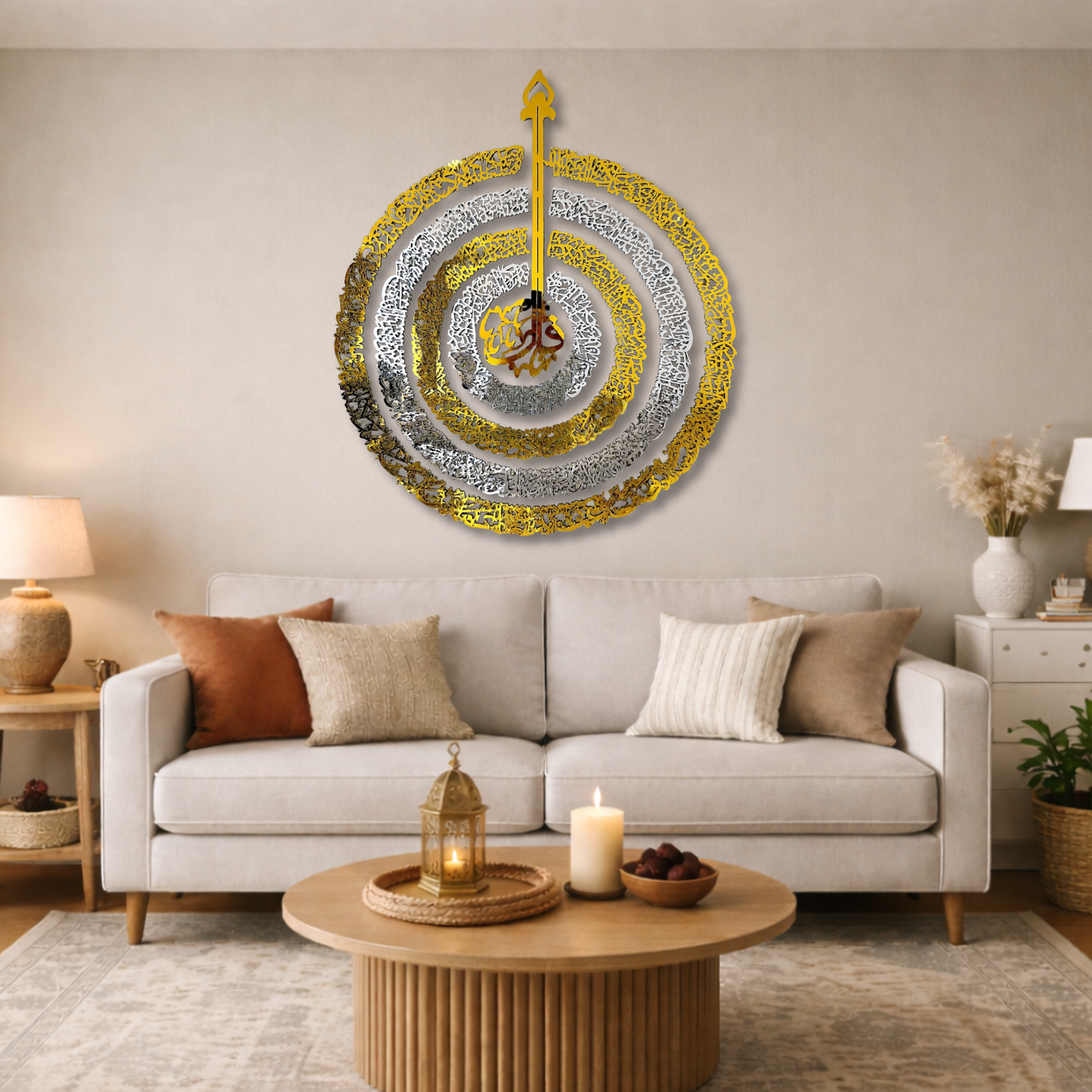 4 Quls Circular Calligraphy Wall Piece With Silver & Gold Mirror Finish (120 cm x 100 cm)