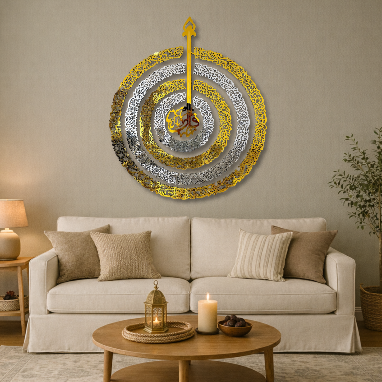 4 Quls Circular Calligraphy Wall Piece With Silver & Gold Mirror Finish (120 cm x 100 cm)