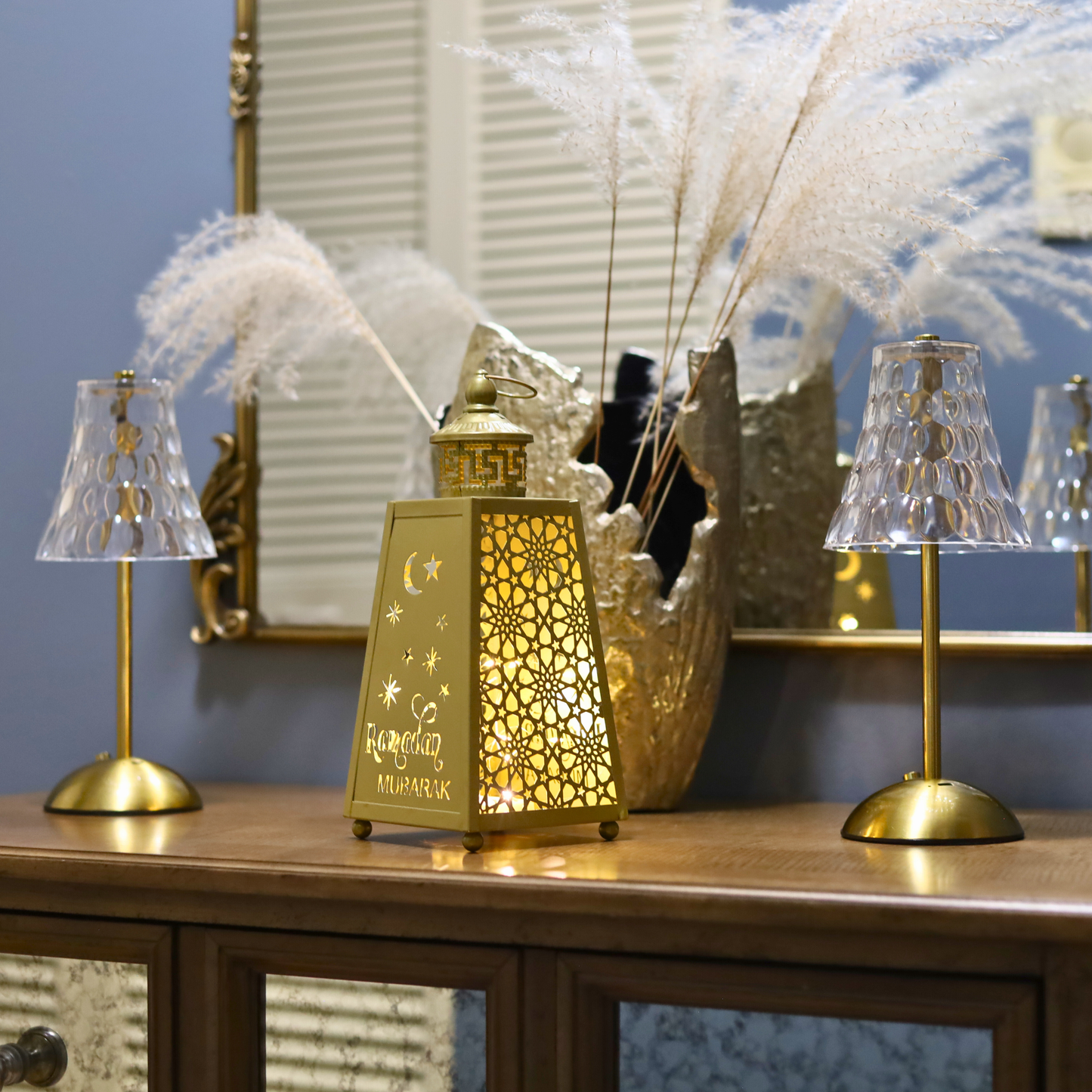 Stunning Tall Gold Metal Ramadan Mubarak Lantern with LED Lights – Crescent & Star Design