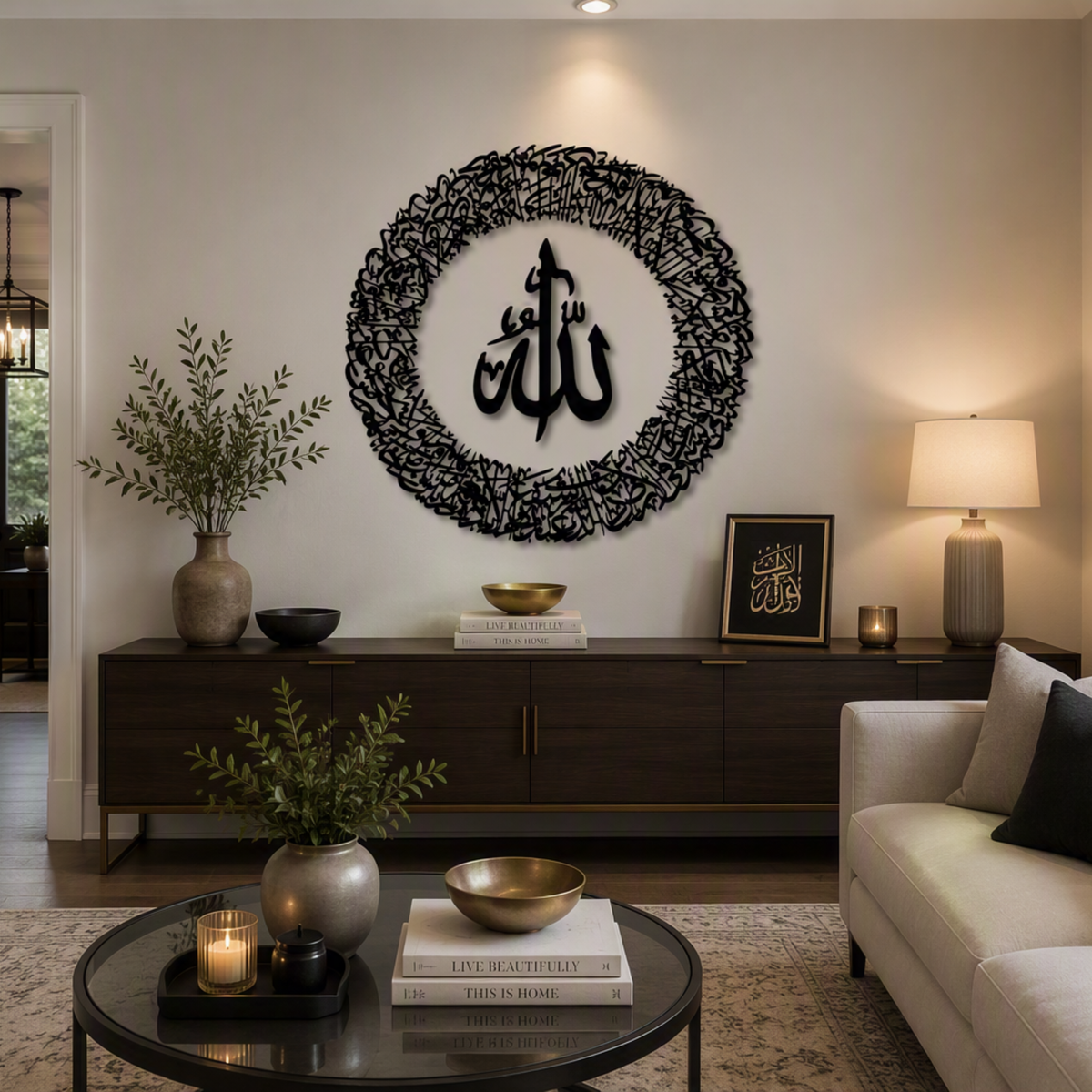 Tough Built Ayatul Kursi Wall Art with Allah in the Center With Black Mirror Finish (90 cm x 90 cm)