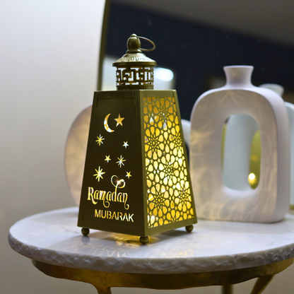 Stunning Tall Gold Metal Ramadan Mubarak Lantern with LED Lights – Crescent & Star Design