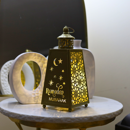 Stunning Tall Gold Metal Ramadan Mubarak Lantern with LED Lights – Crescent & Star Design