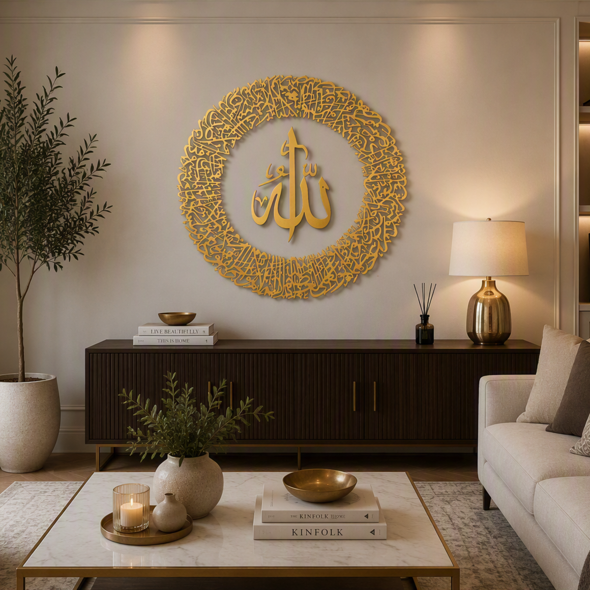 Tough Built Ayatul Kursi Wall Art with Allah in the Center With Gold Mirror Finish (90 cm x 90 cm)