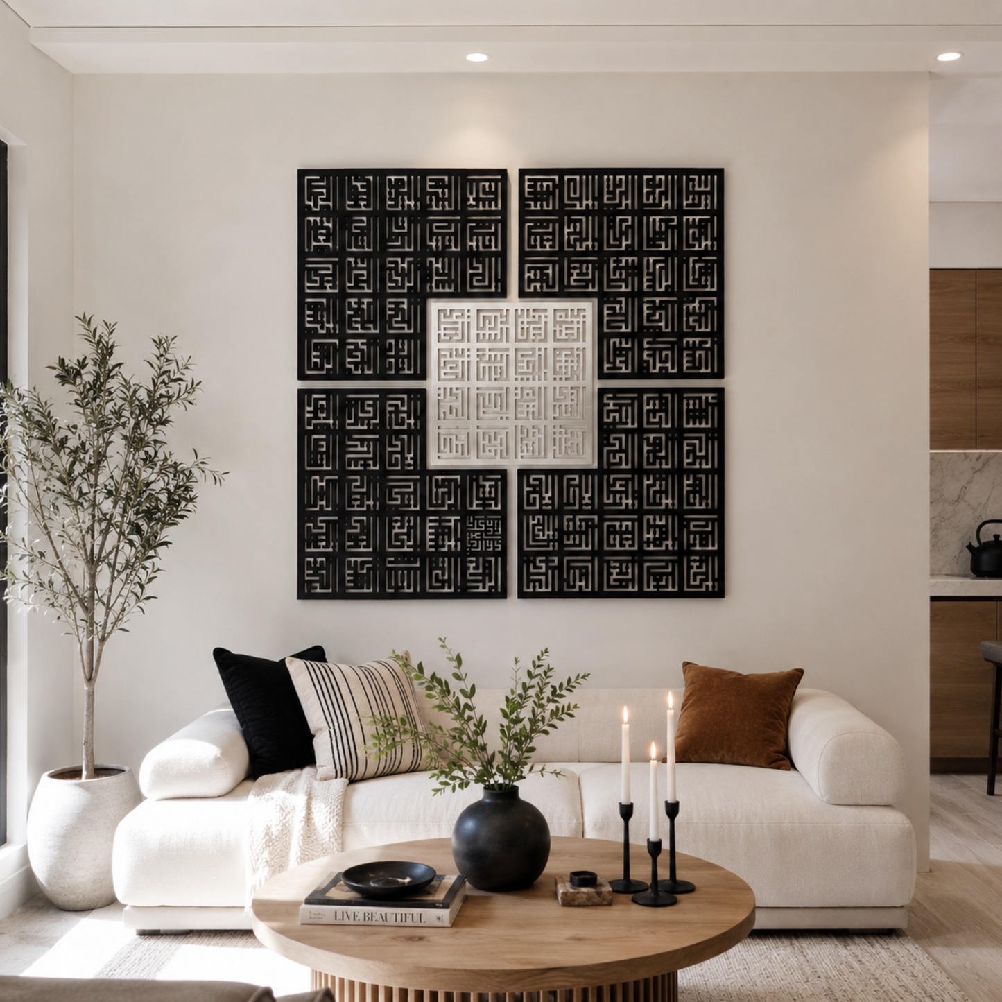 Stunning 99 Names of Allah Set of 5 Calligraphy Wall Piece With Silver & Black Mirror Finish (120 cm x 120 cm)
