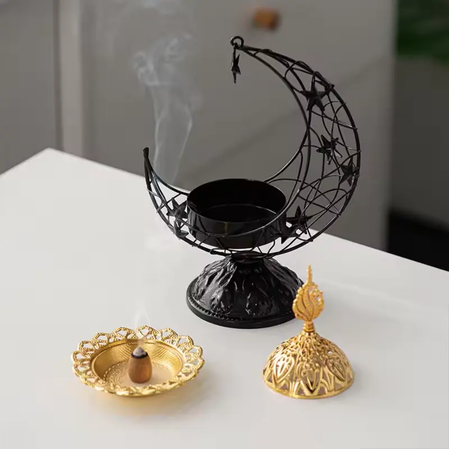 Elegant Moon-Shaped Metal Black Incense Burner