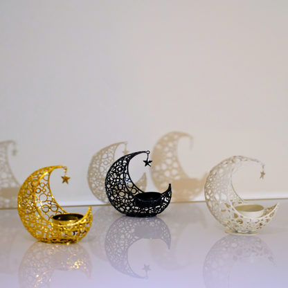 Elegant Metal Crescent Moon Candle Holder Set (White, Black & Gold)