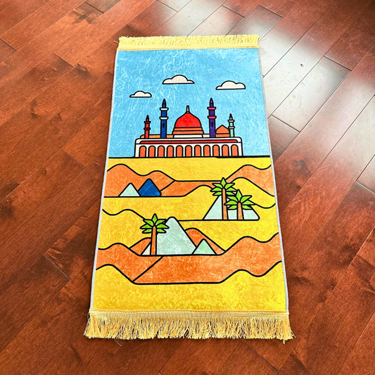 Adorable Boys Kids Muslim Prayer Rug - Blue Desert Design