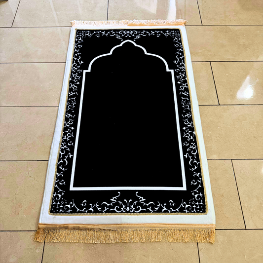Black Mosque-Shaped Luxury Prayer Rug (Thick Cushioning & Long Size)