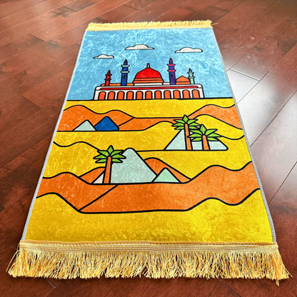 Adorable Boys Kids Muslim Prayer Rug - Blue Desert Design